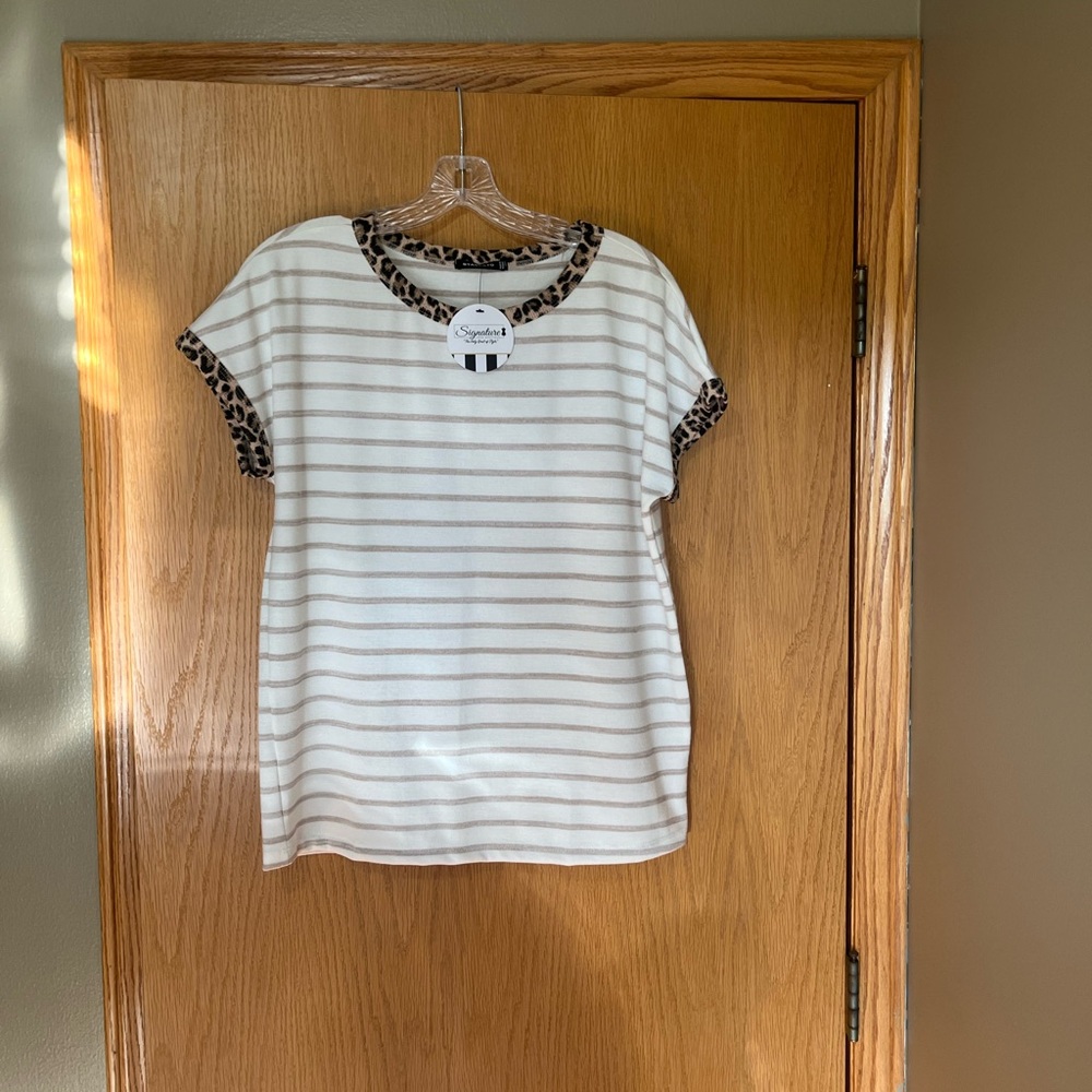 Staccato Beige and White Striped Tee with Leopard Accent